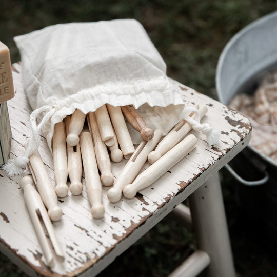 Old Fashioned Clothespins in Cloth Bag